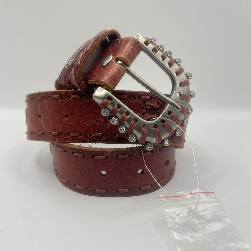 Miss Me Leather Floral Decor Stitching Belt Small Brown Rhinestones Bling Boho